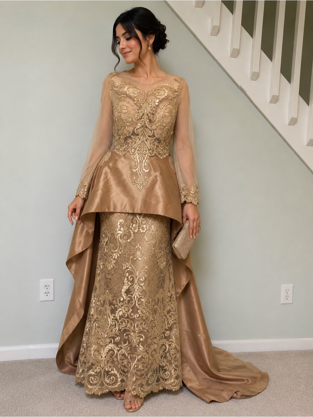 Gold Embroidered Long-Sleeve High-Low Evening Gown